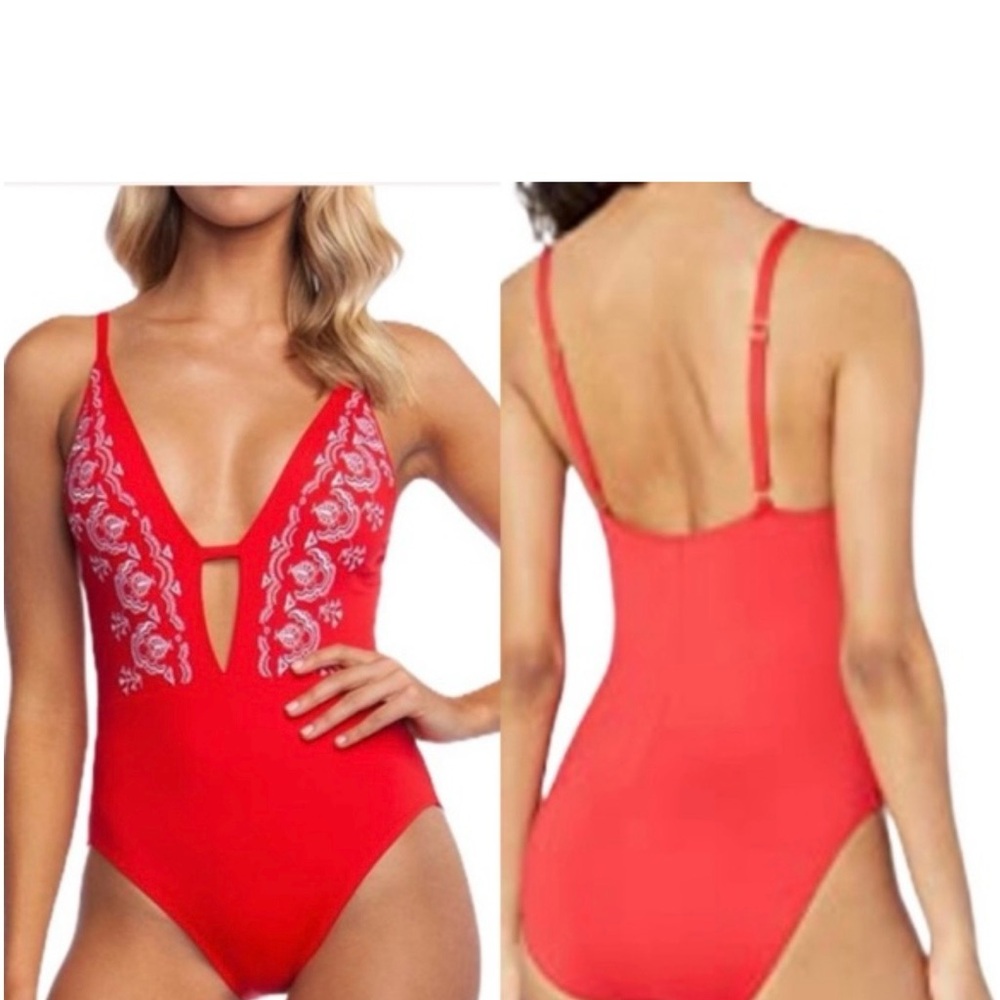 La Blanca Red One-Piece Swimsuit with White Embroidery